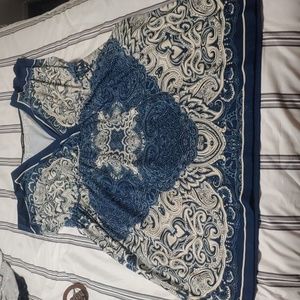 Blue and cream dress with pockets and belt